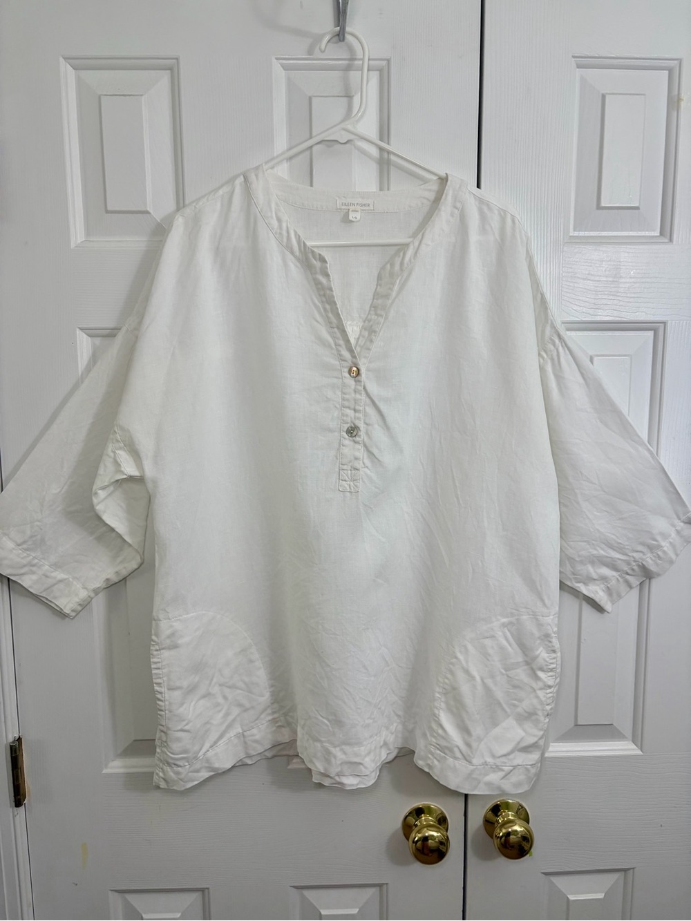 Eileen Fisher Organic Linen White Lagenlook Relaxed Fit Tunic w/ Pockets Large